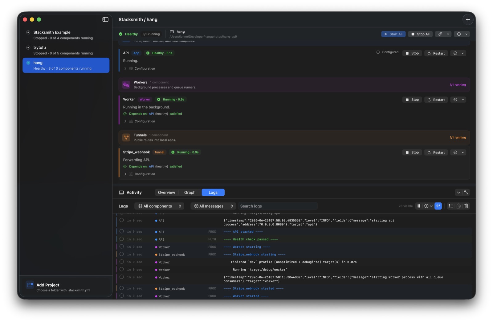 Stacksmith for macOS: grouped apps, workers, jobs, and tunnels with dependency status, live logs, and diagnosis